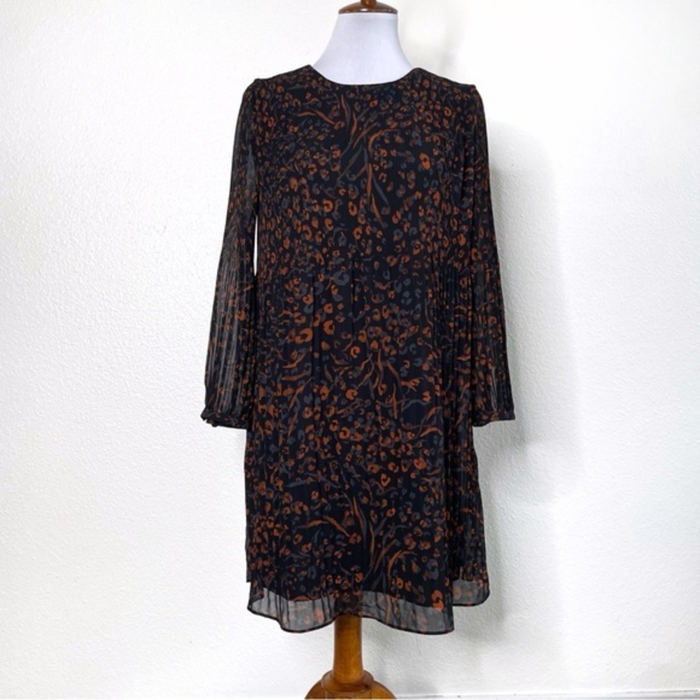 Nine West Accordion Shift Dress Womens Small Orange/black Floral Sheer Boho